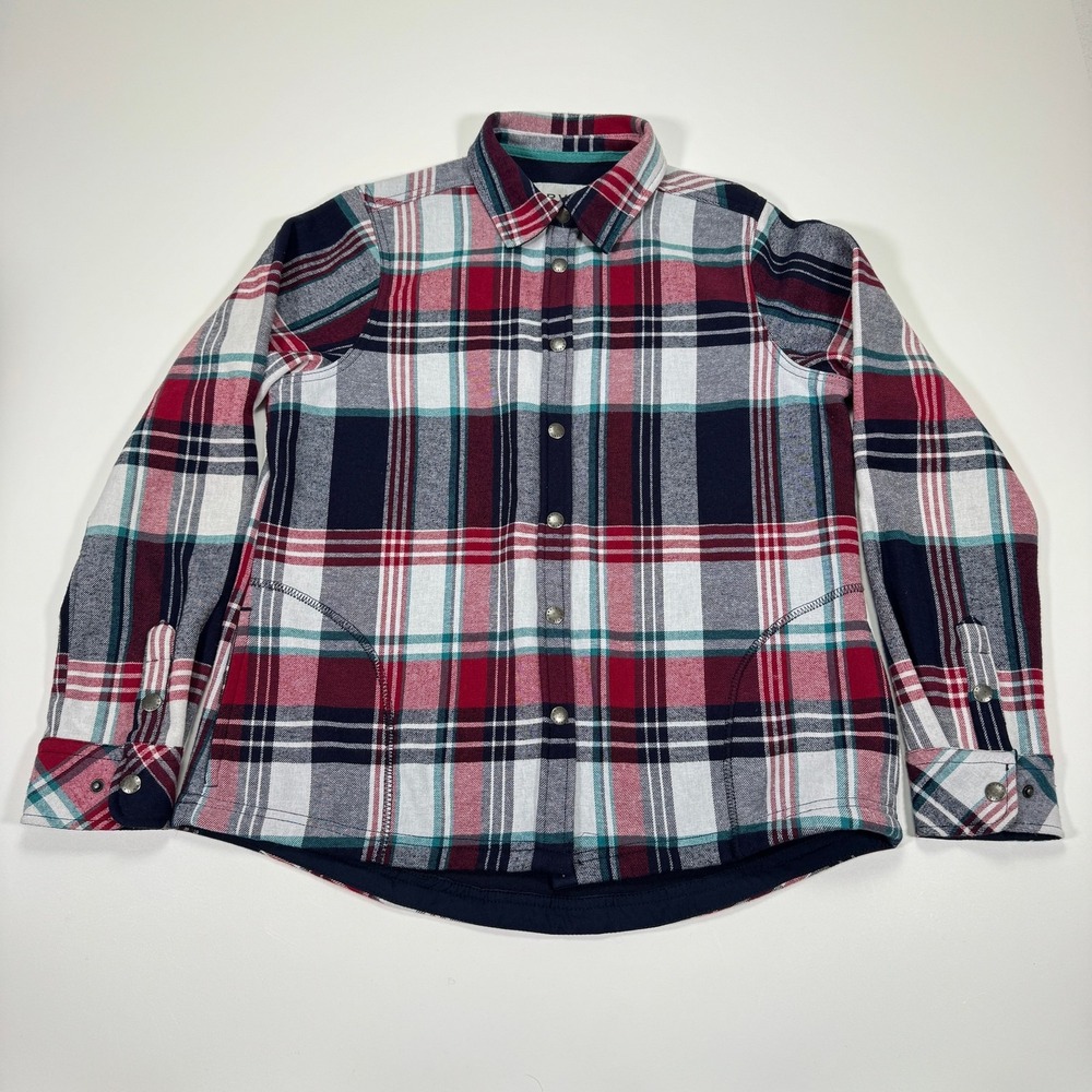 Orvis Womens M Fleece Lined Flannel Shirt Jacket Red Navy Plaid Snap Shacket